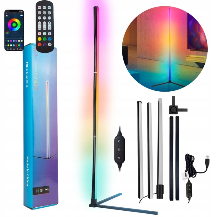 Rohová Stojací Lampa Rgb Led Dálkový Ovladač App Music Synchronizace 1.5 M