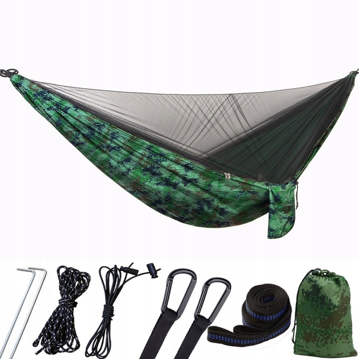 Outdoorová turistická houpací síť s vojenskou moskytiérou maskáč montážní sada