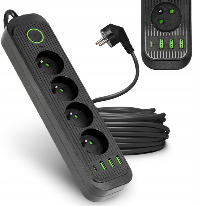 Prodlužovací Kabel 4 zásuvky 5 m Zásuvková Lišta černý 4x Usb S Vypínačem