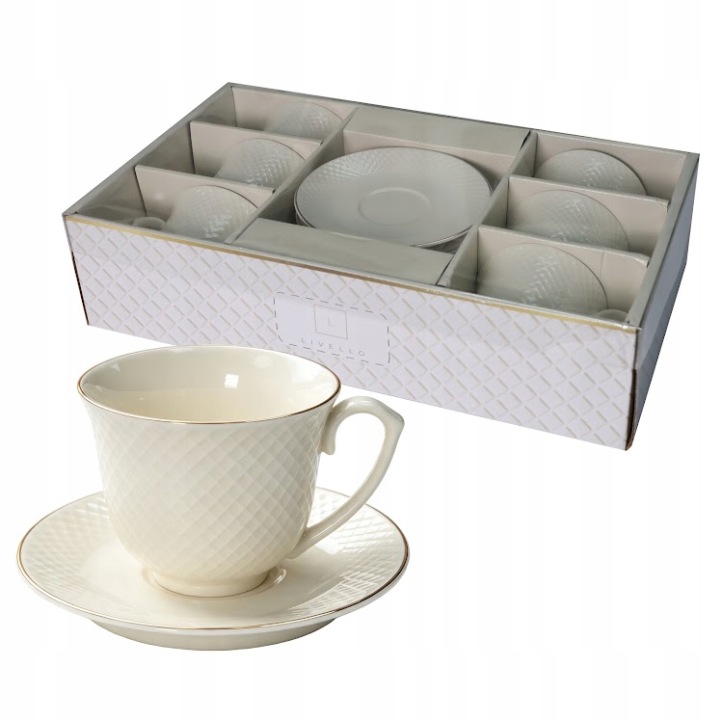 Porcelánové šálky Bílo zlaté 250 ml 6 ks s podšálky Diamante MR6-10