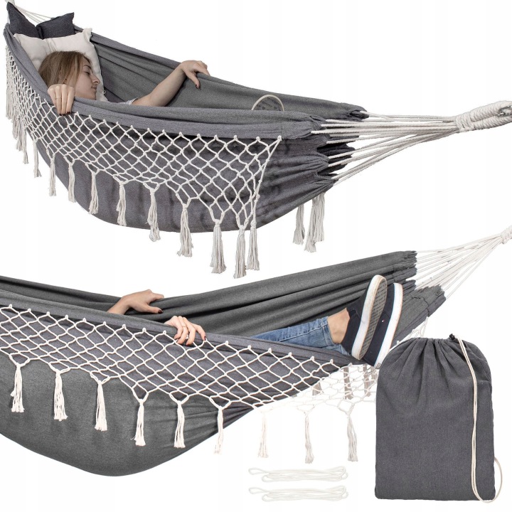 Hamak Boho Třásně XXL 260CM Dvoulůžkový Polštáře Houpačka 200x150 cm Silný