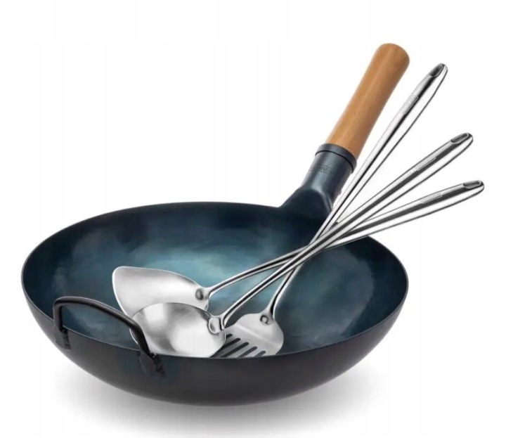 Yosukata Wok 34 cm Modrá Sada Špachtle 2x Naběračka Plyn/indukce