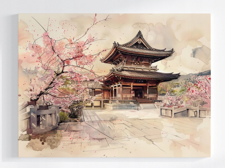 Plakát Japonský Kvetoucí Chrám Višeň Akvarel 100x75