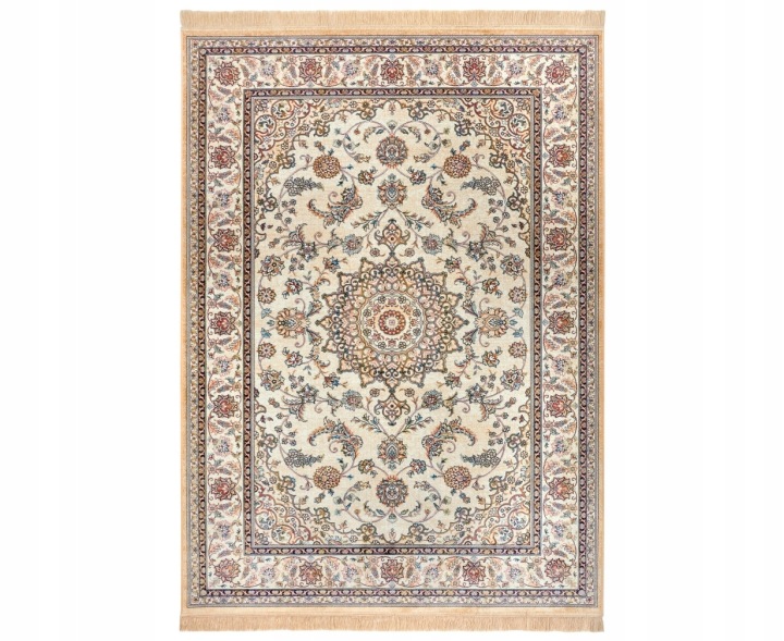 Koberec do obývacího pokoje 95x140 cm, orientální vzor krémově béžový s třásněmi