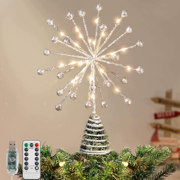 Lewondr 3D Hvězdička na špičku vánočního stromku 30 Led Usb dálkový ovladač stříbrný