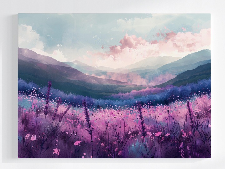 Plakát Krajina Úsvit Hory Louka Květy Mlha 100x75