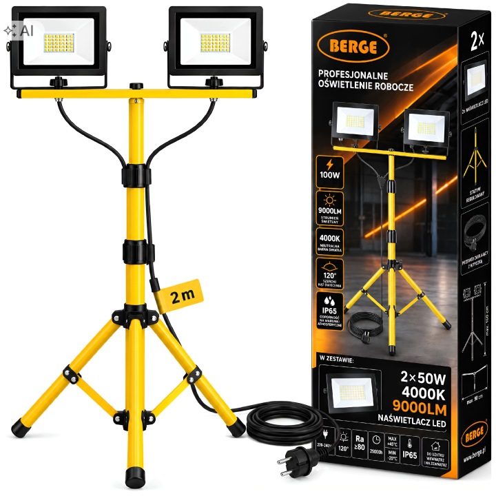 Halogenový Led reflektor 100W 2x50W Stavební pracovní Stativ s kabelem 2 m