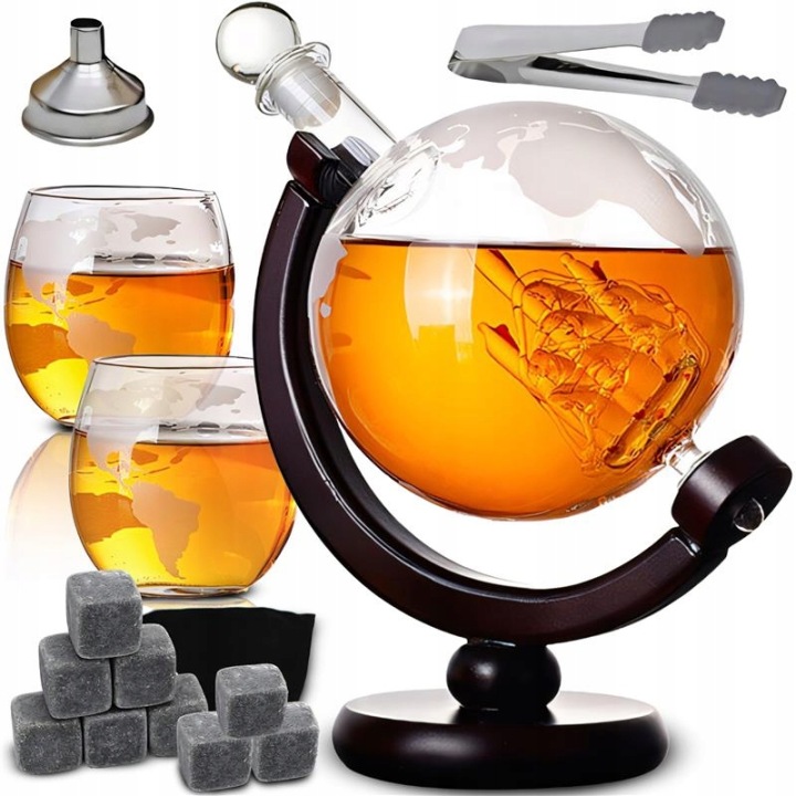 Set Na Whisky Karafa Globus 2X Sklenice Kostky Kleště 850 ml Dárek
