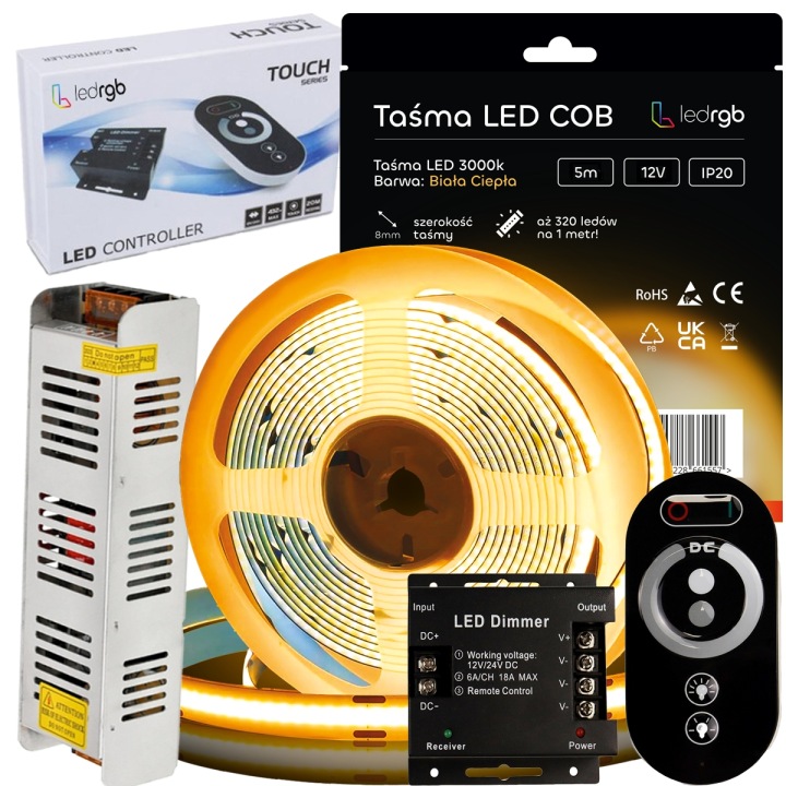 Sada Led pásků Cob 12V 5 m 3000K Bílá Teplá Napájecí Zdroj Dálkový Ovladač Rádiové Ovládání