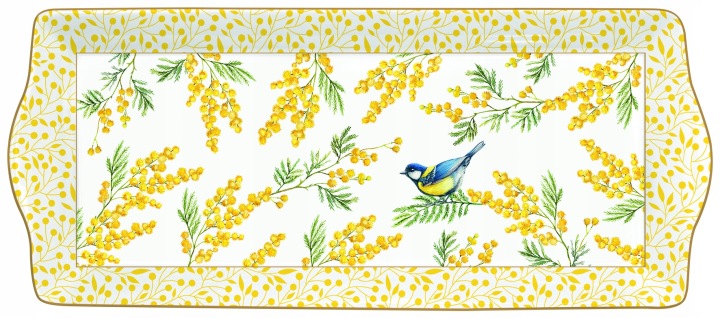 Porcelánový podnos talíř mimóza a sýkorka 35 x 15 cm stylový retro