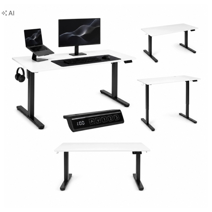 Elektrický psací stůl 140 x 60 cm, zvedací s regulací 72-118 cm, bílá deska