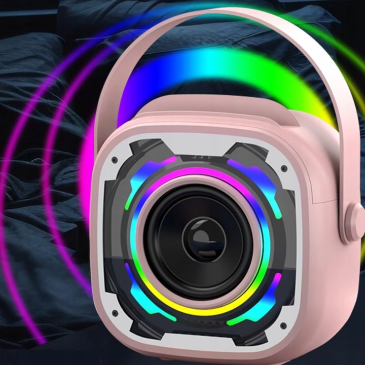 Караоке бездротовий набір колонка bluetooth LED RGB + 2 мікрофони рожевий — фото 7
