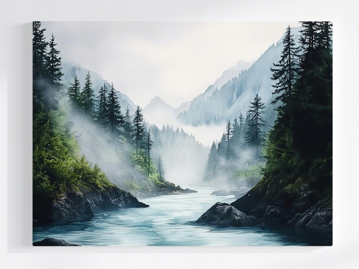 Plakát Krajina Hory Les Stromy Řeka Mlha 100x75