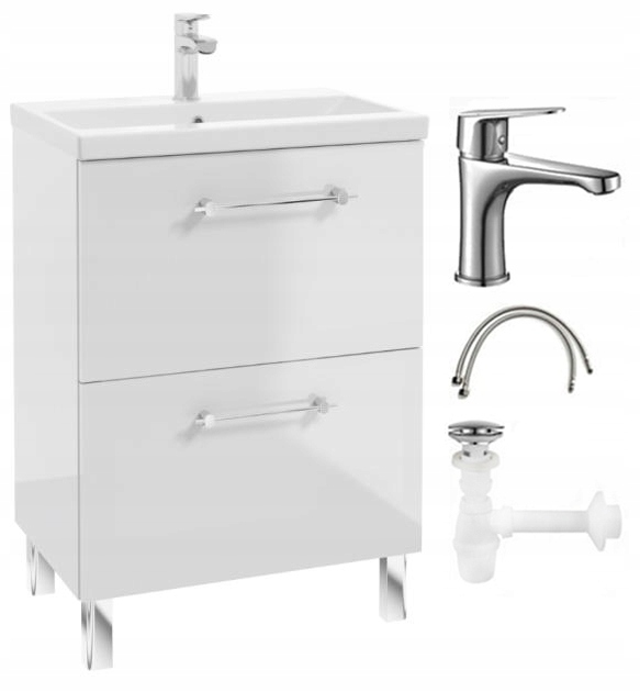 Koupelnová skříňka s umyvadlem a baterií a sifonem 60x80 cm Stojící bílá lesklá