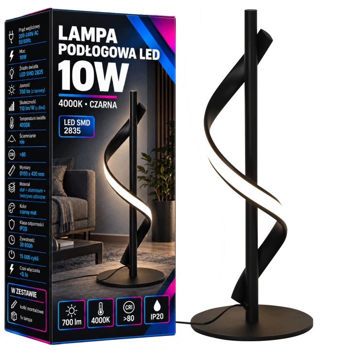 Stojací Led lampa 10W 700lm 4000K Černá Matná 43cm Moderní výp