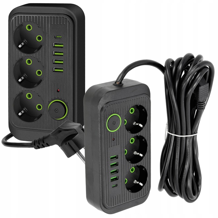 Prodlužovací Kabel Zásuvková Lišta Vypínač 5x Usb 3 Zásuvky 5m síťový černý