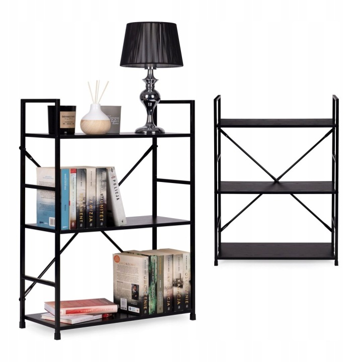 Dřevěný regál kovový rám široký Loft 3 police černý ModernHome Modern