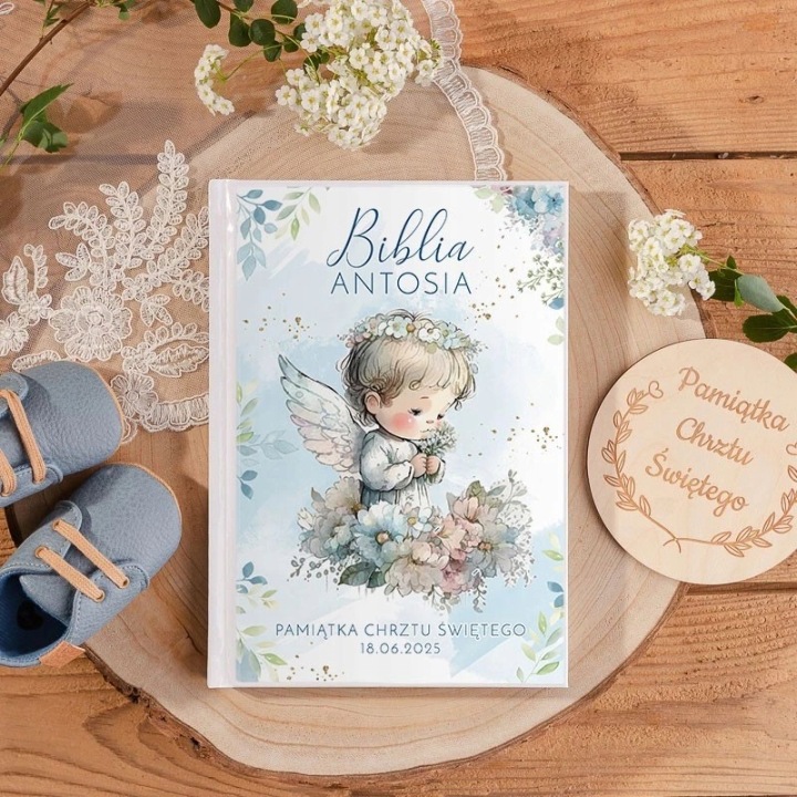 BIBLIA для дітей подарунок на хрещення сувенір з іменем янголятко блакитний — фото 2