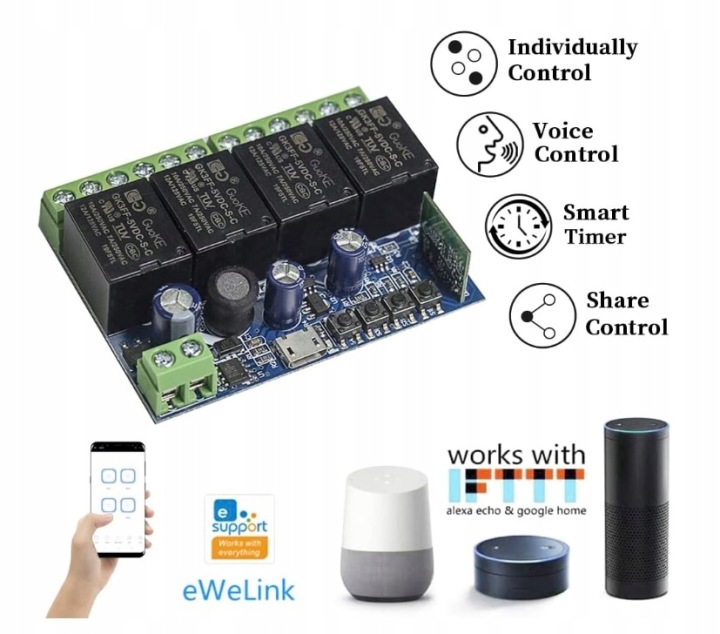 Relé 4CH eWeLink Wifi Rf 2,4 GHz 7-48 V Usb