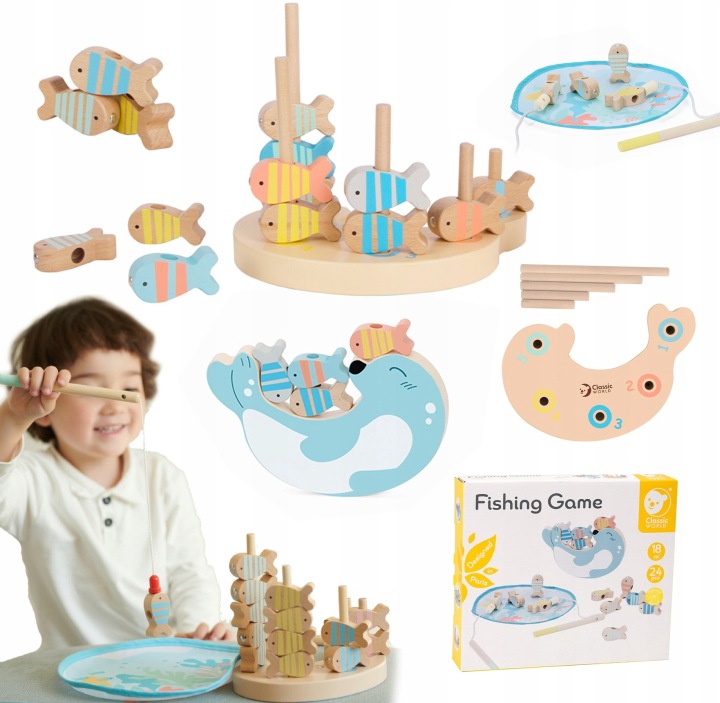 GRA ZRĘCZNOŚCIOWA DREWNIANA ŁOWIENIE RYBEK 2 WĘDKI MAGNES CLASSIC WORLD