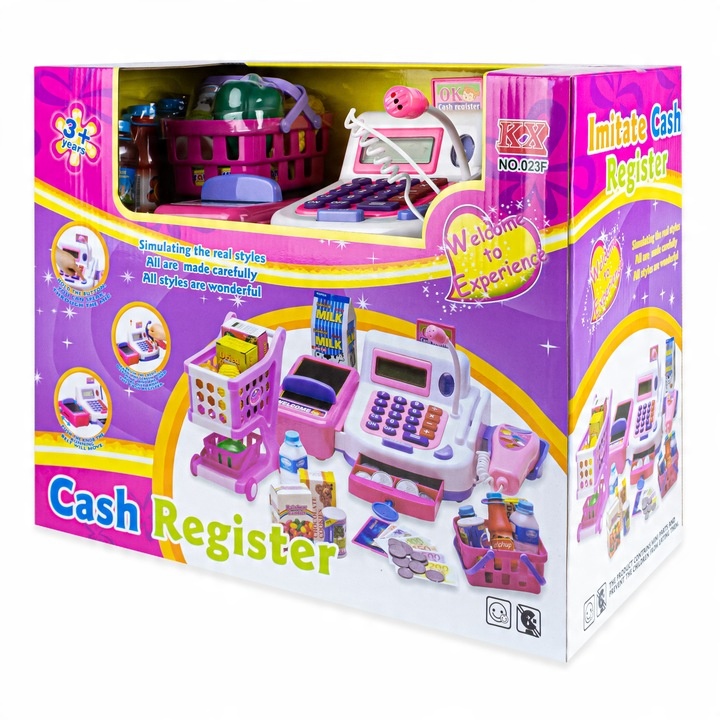 LARGE INTERACTIVE CASH REGISTER FOR CHILDREN BASKET TROLLEY + ACCESSORIES Kid's age 3+ years