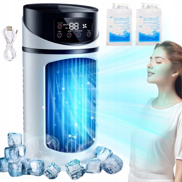 Přenosný Chladicí Ventilátor S Mlhou 300 ML, Noční Časovač, Osvětlení 10 W