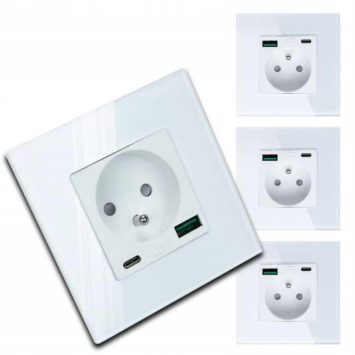 4x Skleněná Bílá Elektrická Zásuvka Kontakt Nástěnná Usb Nabíječka
