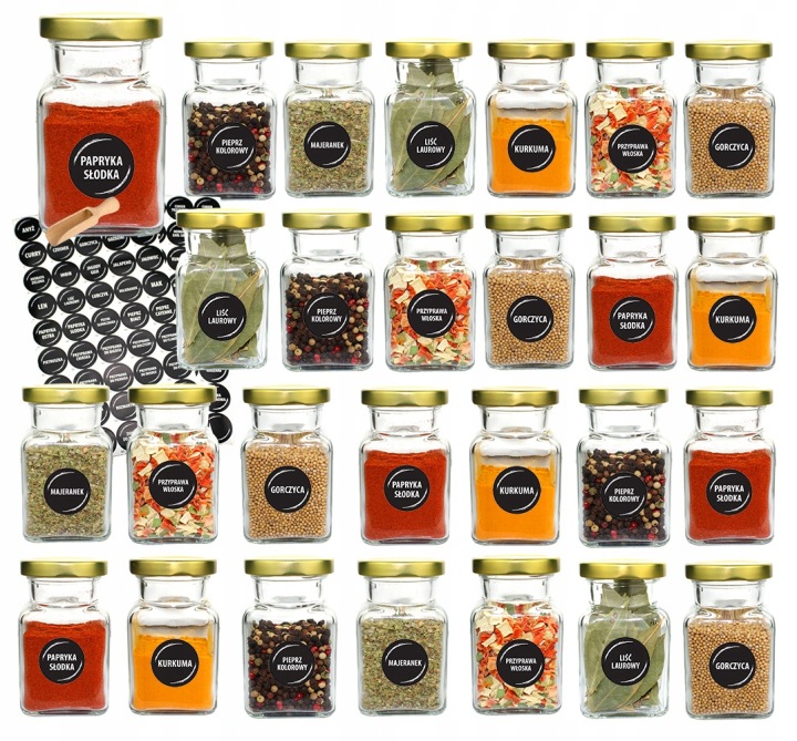 Sklenice na koření 150 ml x 27 ks se zlatým uzávěrem, 90 štítků