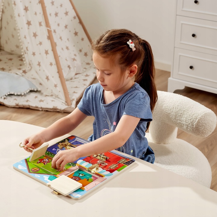 Viga DREWNIANA TABLICA MANIPULACYJNA ZAMEK I ZATRZASK DOM MONTESSORI EAN (GTIN) 6971608446535