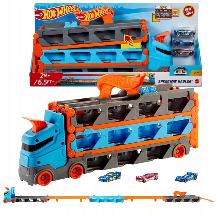 HOT WHEELS транспортер машинок 2 в 1 розкладні рейки гоночні + 3 машинки — фото 5
