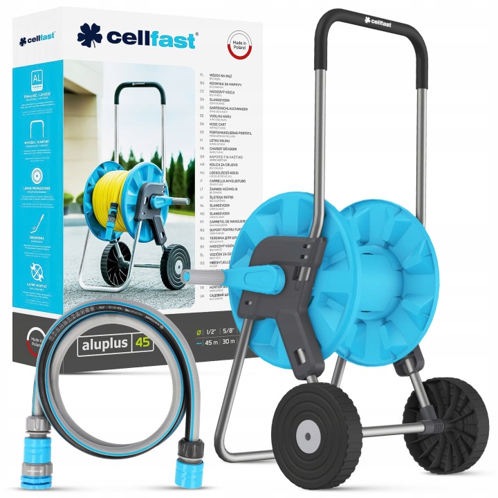 Vozík na zahradní hadice Cellfast Aluplus 1/2 45 m, silný připojovací set