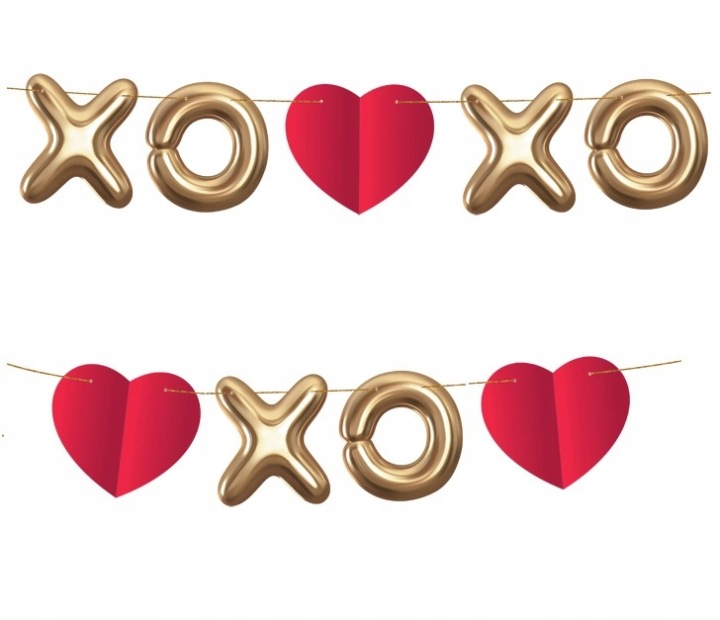 Гірлянда паперова - XOXO золоті літери XO червоні сердечка 200 см GODAN