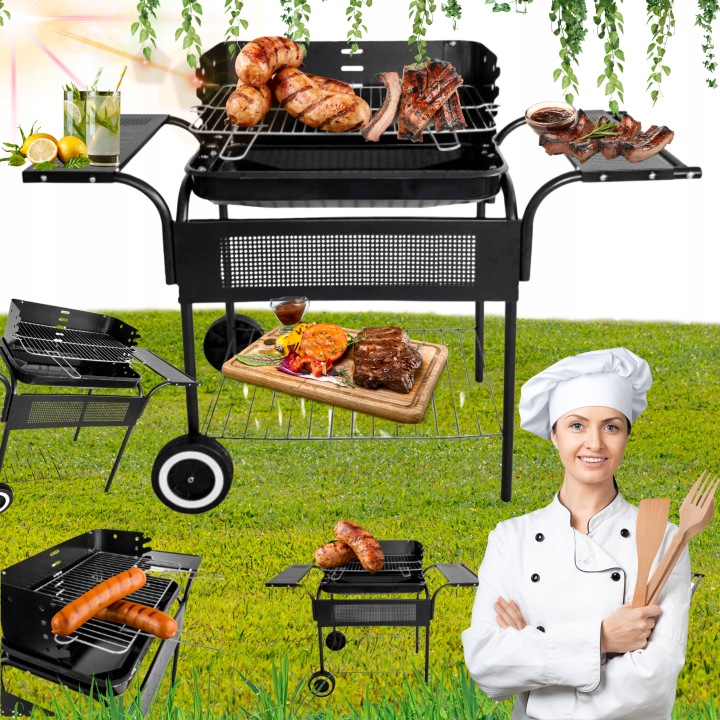 Prémiový Zahradní Gril Na Dřevěné Uhlí, Chromovaný Rošt, Kolečka, Police Bbq