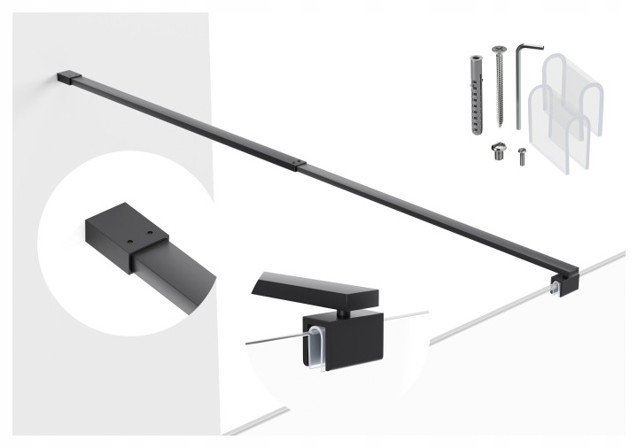 Držák do kabiny nastavitelný od 69,5 do 120 cm, sklo 6-8 mm, černá matná barva