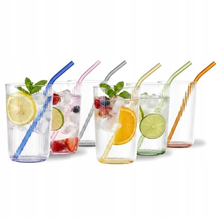 sklenice na drinky s brčky 500 ml, sada 6 barevných borosilikátových barev