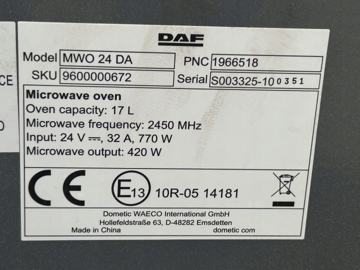 Microwave Oven DAF XG Dometic Waeco MWO24DA 19L 24V 5