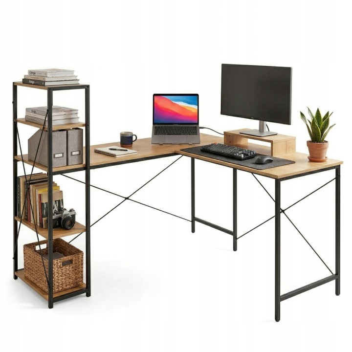 Velký Rohový Počítačový Stůl Oboustranný Do Kanceláře Loft Kovový Dub