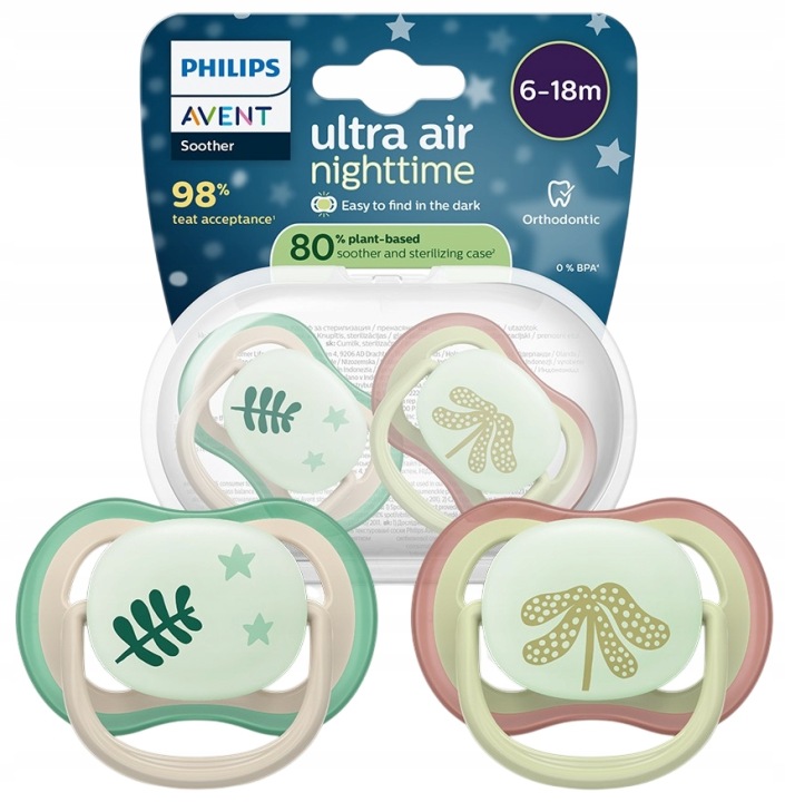 PHILIPS AVENT соска ультра AIR NIGHT 6-18 міс. дихаючий + чохол 2 шт.