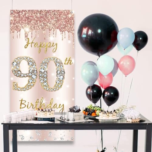 Банер на день народження HAPPY 90 BIRTHDAY рожевий золотий декорація на свято — фото 3