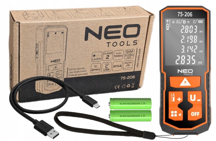Laserový dálkoměr dosah 100 m IP54 akumulátorový Usb C Neo