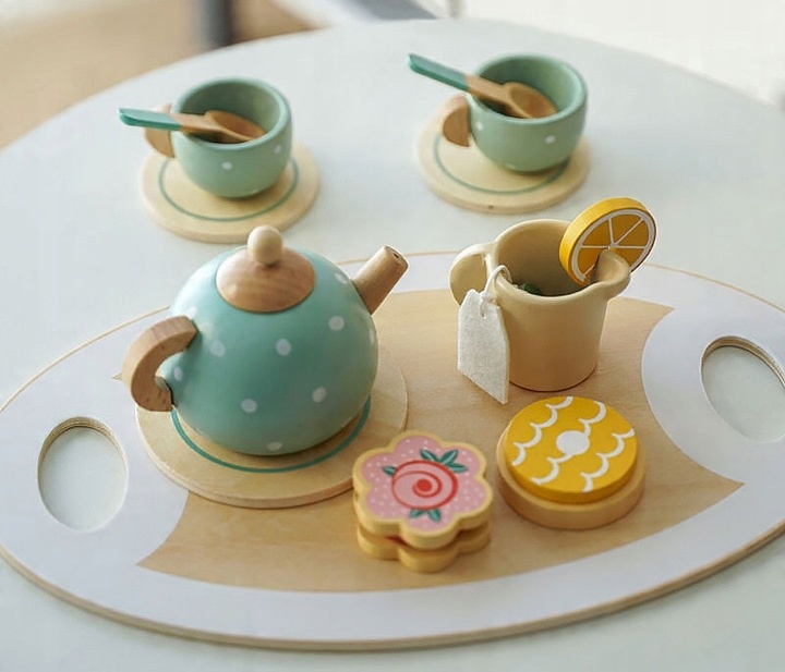 WOODEN TEA SET FOR CHILDREN ACCESSORIES TEA MAKER PLATES TRAY Main color multicolor