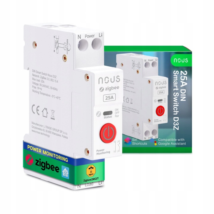 Nous D3Z ZigBee 3.0 Vypínač Din 25A Ovládání Smart Home Alexa Google