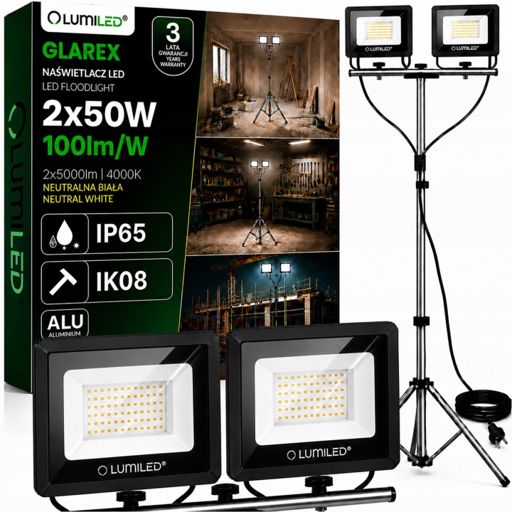 Set Halogen Led reflektor Stativ 2x 50W Stavební Pracovní Výkonný