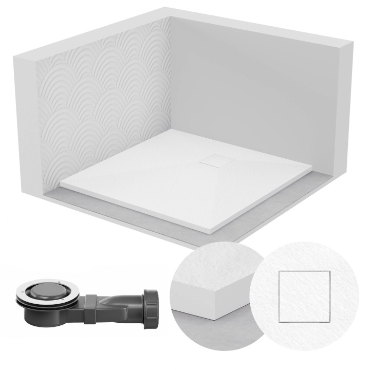 Sprchová vanička čtvercová 90x90 kamenný vzor 2,6 cm bílá sifon