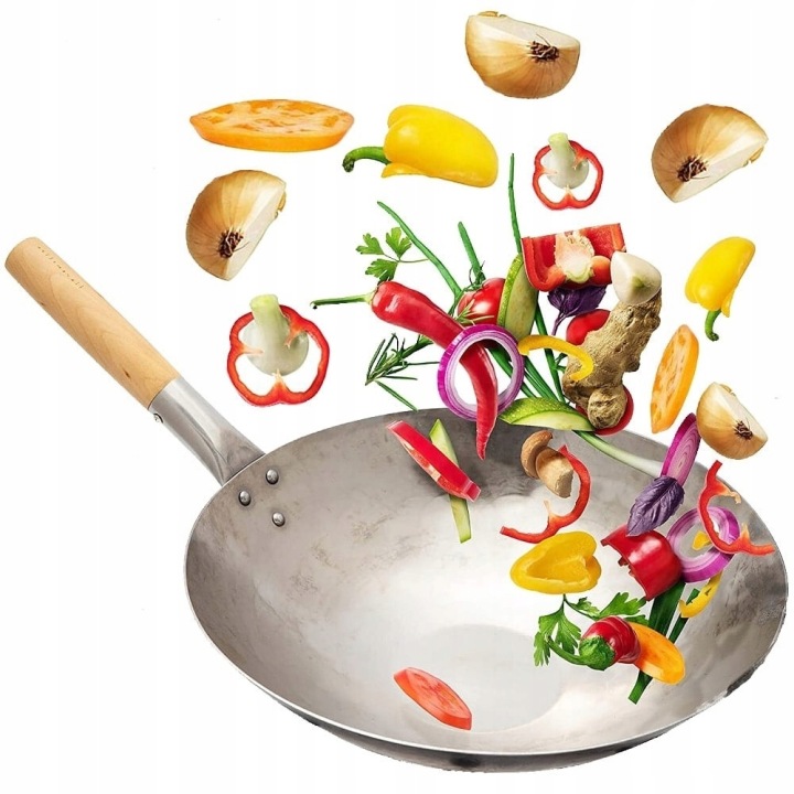 Pánev Wok Ručně Kovaná Ocel Uhlíková Ploché Dno 12 palců 31 cm Proorient