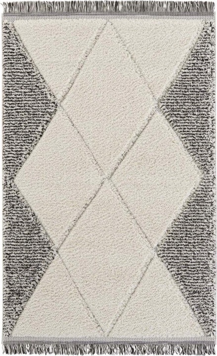 Krémově šedý koberec do obývacího pokoje, silný koberec shaggy, vzor boho 80x150 cm