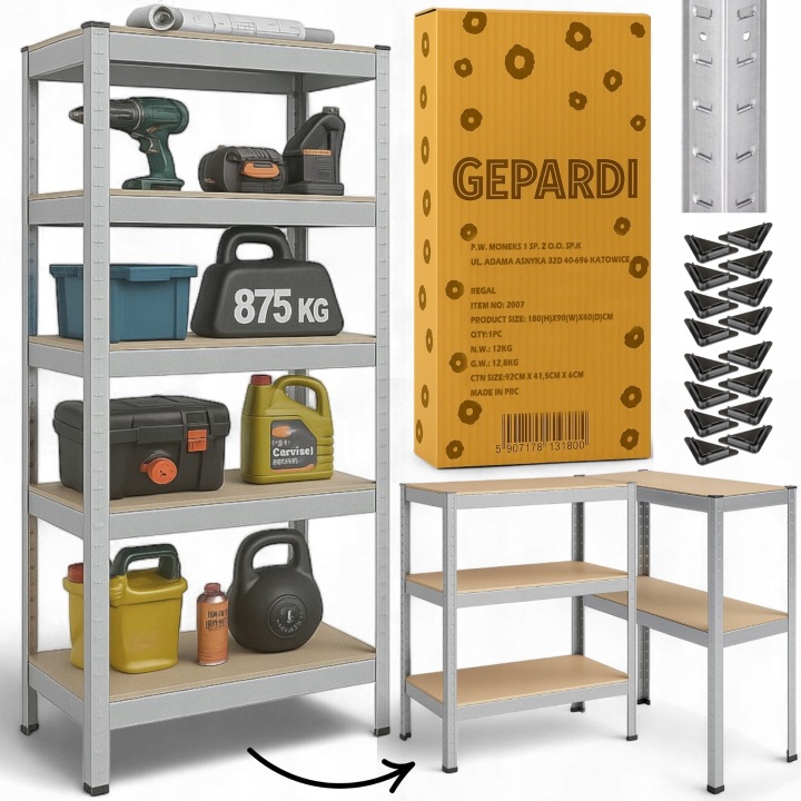 Kovový Skladovací Regál Pro Garáž Sklepů Pevný 180X90X40 Gepardi 875 kg