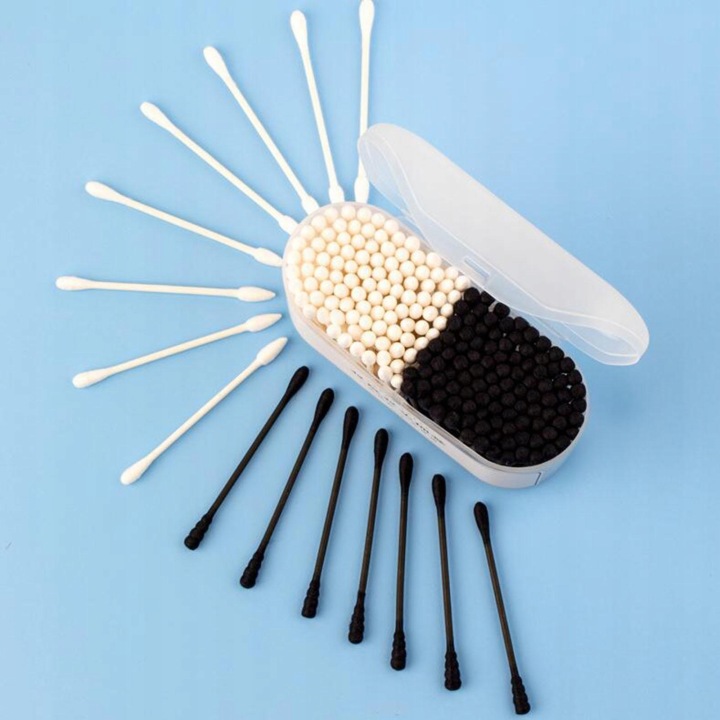 Ватні диски бавовняні з подвійними наконечниками Компактний розмір Beauty Tools білий чорний 200 шт. — фото 6