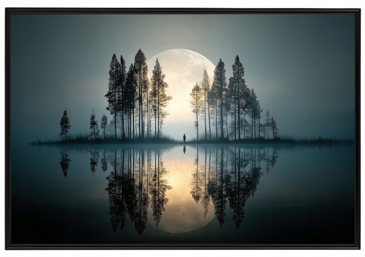 Plakát Rámeček Hliník Úplněk Mlha Jezero Les Samota 60x40