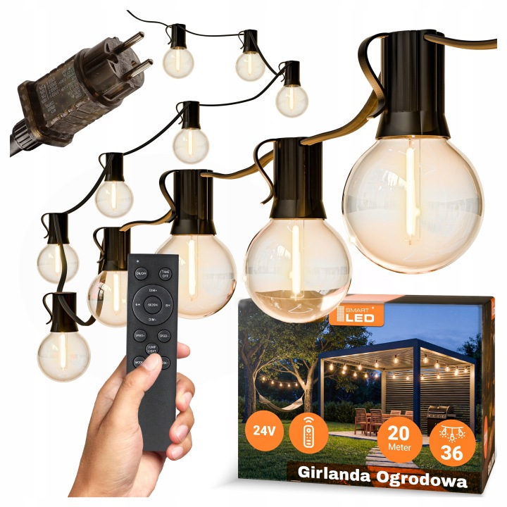 Zahradní Světelná Girlanda 20 m 36X Led žárovka E12 Dálkový Ovladač Stmívatelná Řetěz